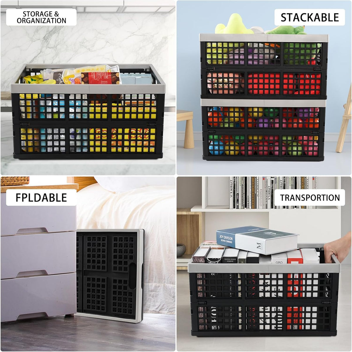 4-pack 42 L Collapsible Storage Crate, Plastic Folding Crate Basket