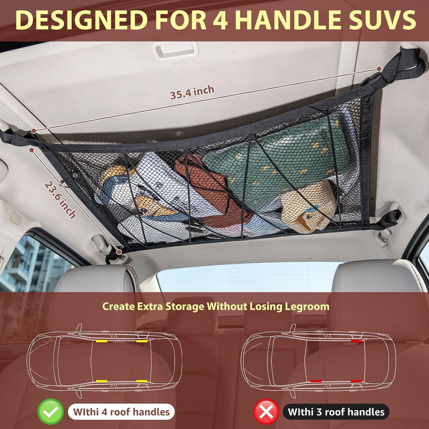 Car Ceiling Cargo Net 35.4" x 23.6", Double Layer Roof Storage Organizer for SUV,Overhead Mesh Holder with Reinforced Straps,Road Trip Essentials for Camping Travel Fits 4 Handle Vehicles