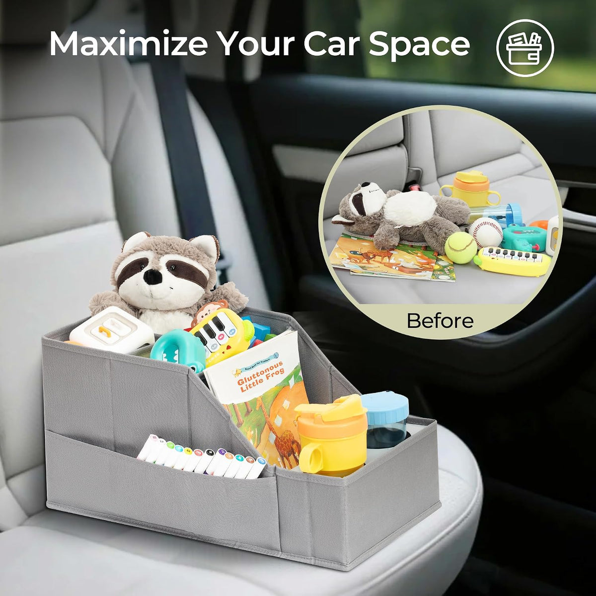 Easi Car Seat Organizer Backseat Front Seat Gap Filler with 12 Storage Compartments 2 Metal Cup Holders Kids Snack Travel Passenger Seat Organizer Collapsible Storage Box for SUV Truck Van Car, GR, 2