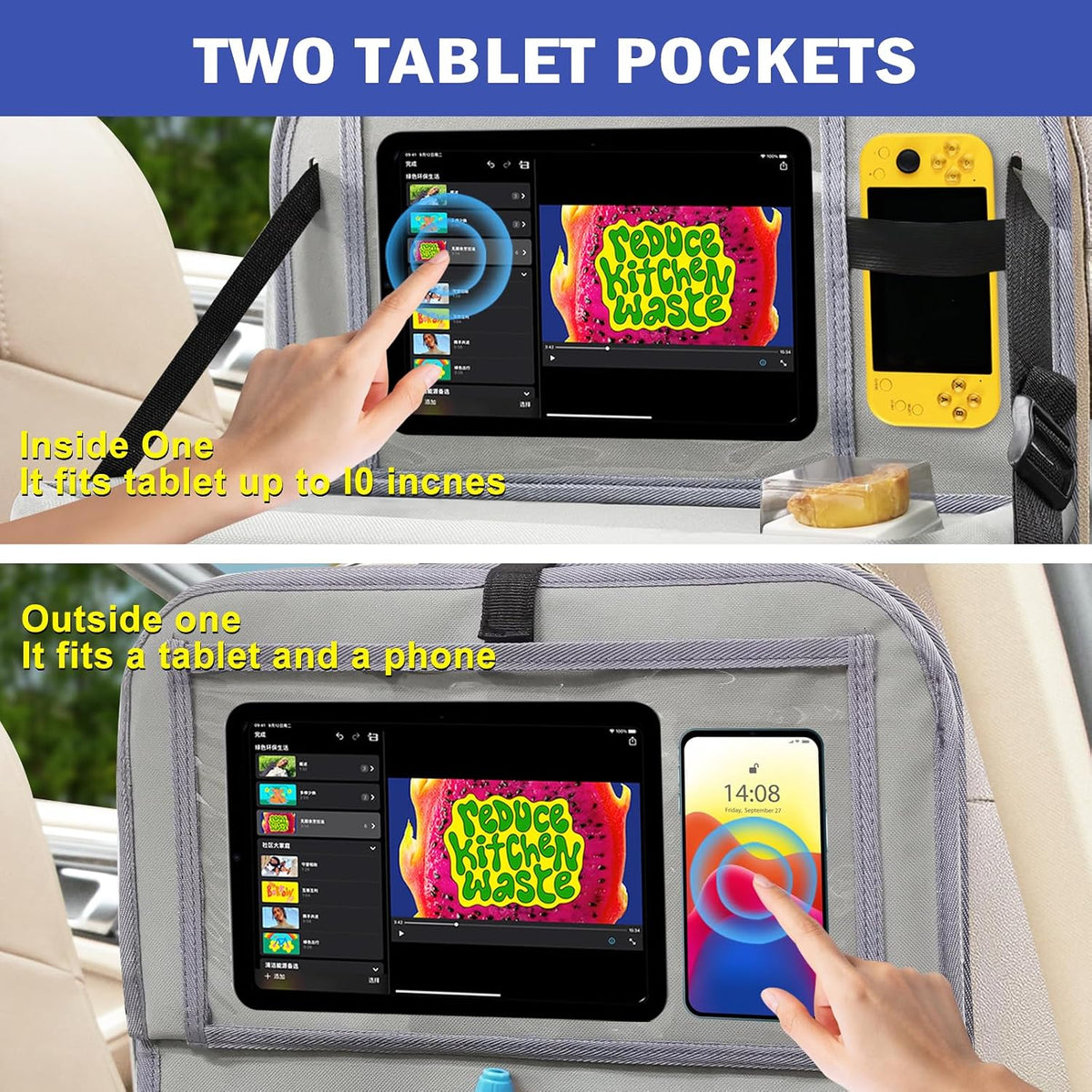2Pack Car Backseat Organizer with Foldable Table Tray Grey