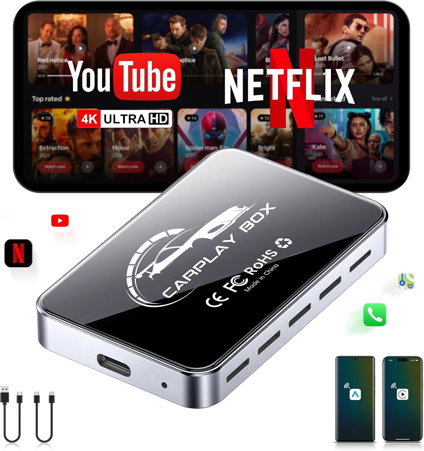 AI Box CarPlay, 3-in-1 Wireless CarPlay Adapter & Android Auto for OEM Wired Cars, Built-in Netflix/YouTube for Streaming, 5.8GHz WiFi, Convert Wired to Wireless, Plug & Play （4GB RAM+32GB ROM）