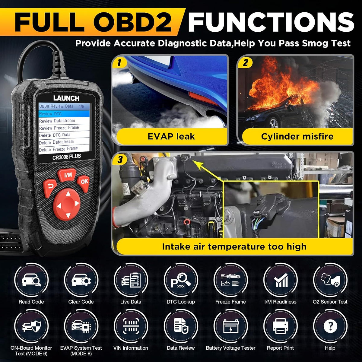 LAUNCH Professional OBD2 Scanner Diagnostic Tool CR3008 Plus,One-Click I/M