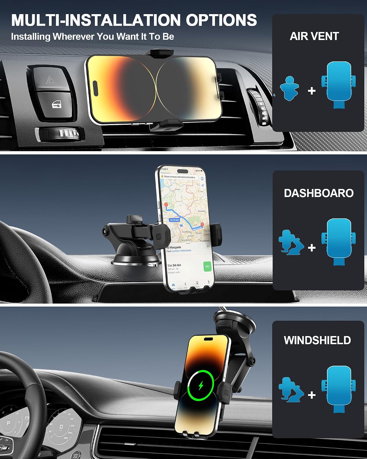 Wireless Car Charger,15W Fast Charging Auto Clamping Phone Holders for Your Car Compatible with iPhone 16/15/14/13, for Samsung Galaxy S24 Ultra S23 S22 S21, S20, S10+ (Black)