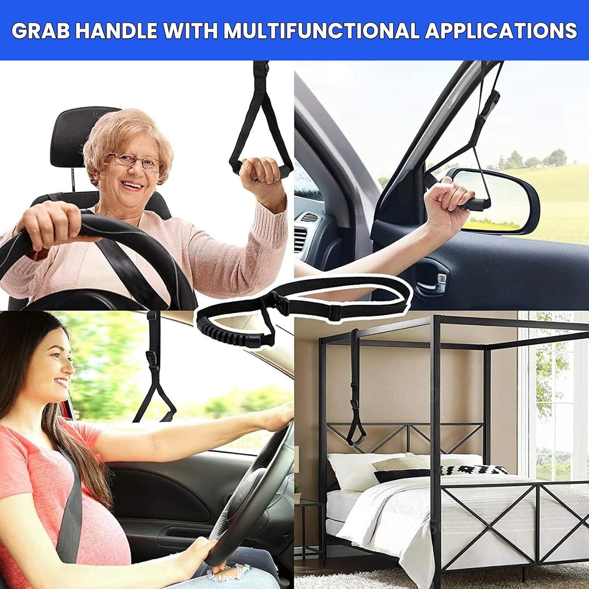 KOUNATSURI Car Handle Assist for Elderly - Car Door Handle for Elderly & Seniors & Handicap - Multifunction Car Armrest Portable Bar（2Pack Blue and Strap）