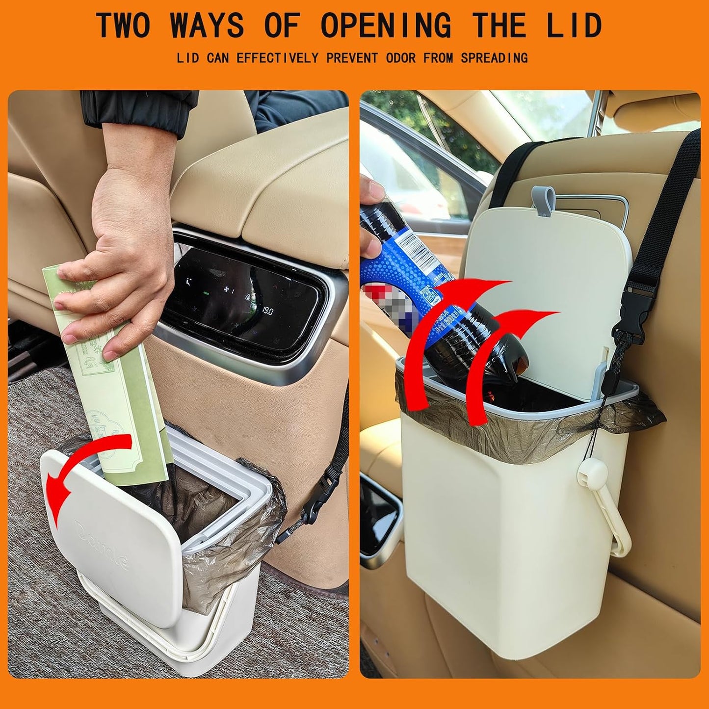 Leakproof Car Trash Can with Lid, Hanging Garbage Bin for Sedan SUV Truck | Leakproof lining, lid blocks odors; hangs off headrest—easy to empty & wipe clean,Easy to Use