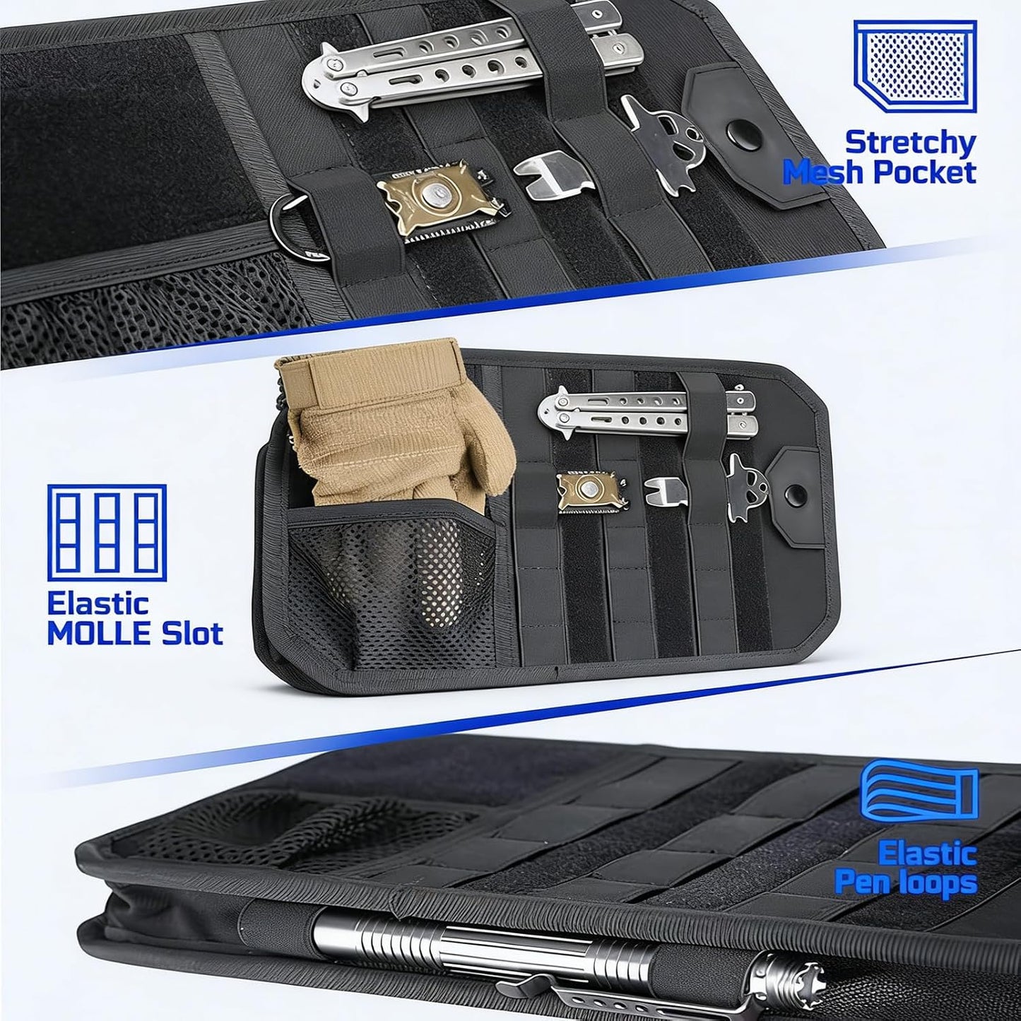 Molle Car Sun Visor Organizer,Car Accessories with Zipper Visor Storage Pouch&Glasses Clip&Adjustable Straps, Semi-Rigid Molle Panel for Tactical Gears, Fits Most Vehicles, SUVs (Black)
