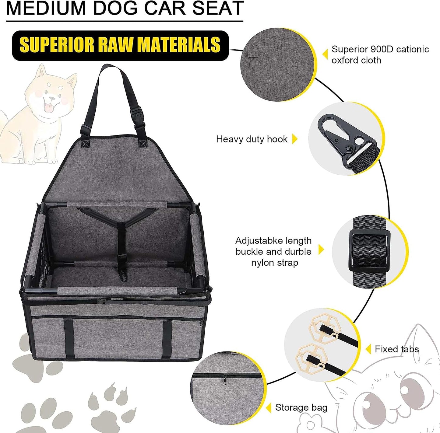GENORTH Dog Car Seats for Small and Medium Dogs,Portable Puppy/Pet Car Booster Seat with Clip-On Leash and Mesh Window for Pet Up to 20 lbs
