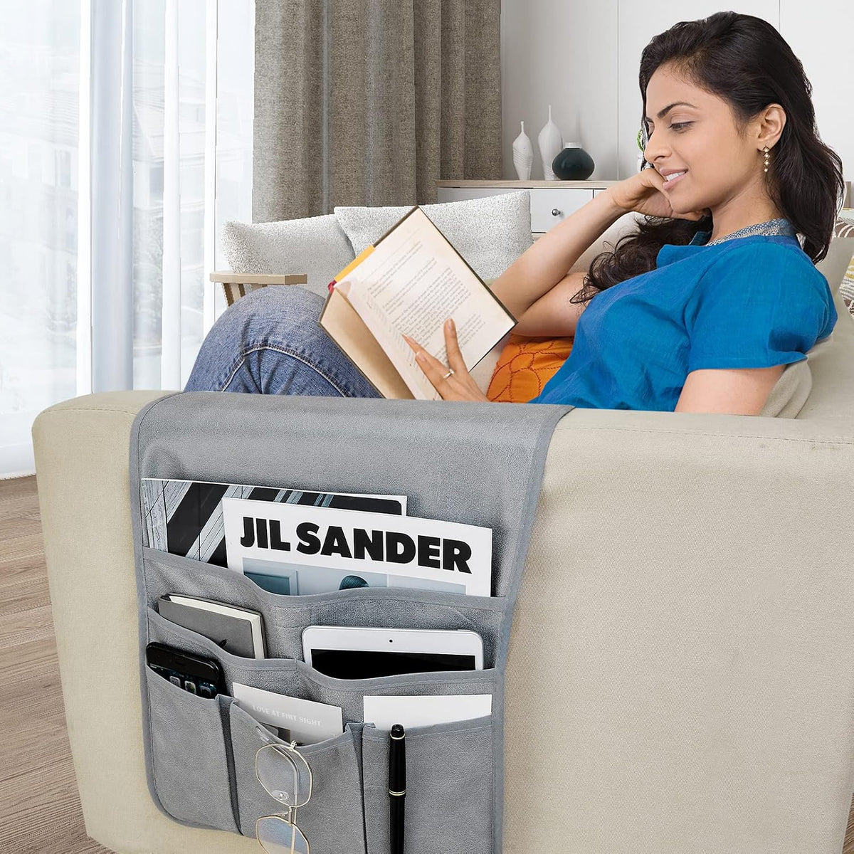 Teniux Remote Control Holder GRS Certified Armrest Organizer with 6 Pockets for recliner couch sofa, Recycled Material Armchair Caddy for Smart Phone, Book, Magazines, Ipad(Grey)