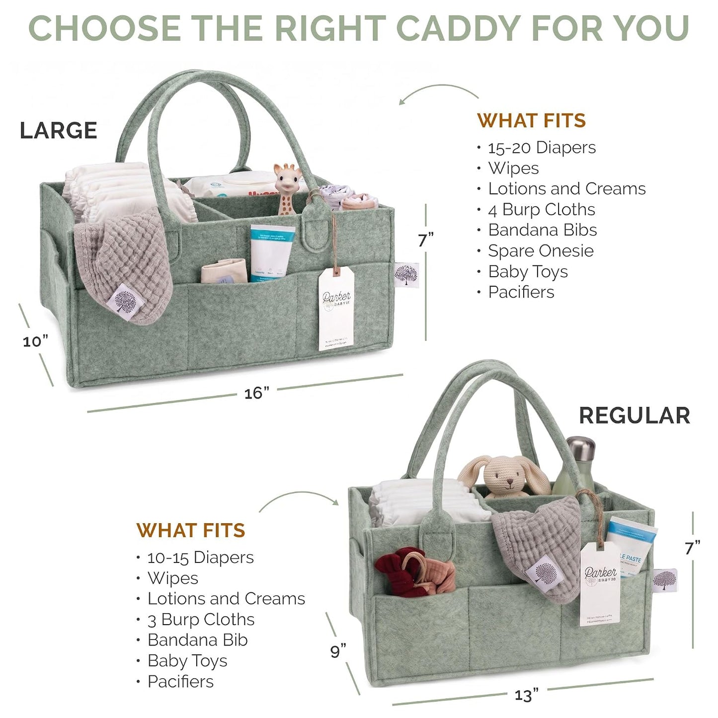 Parker Baby Diaper Caddy - Nursery Storage Bin and Car Organizer for Diapers and Baby Wipes - Sage Green, Regular