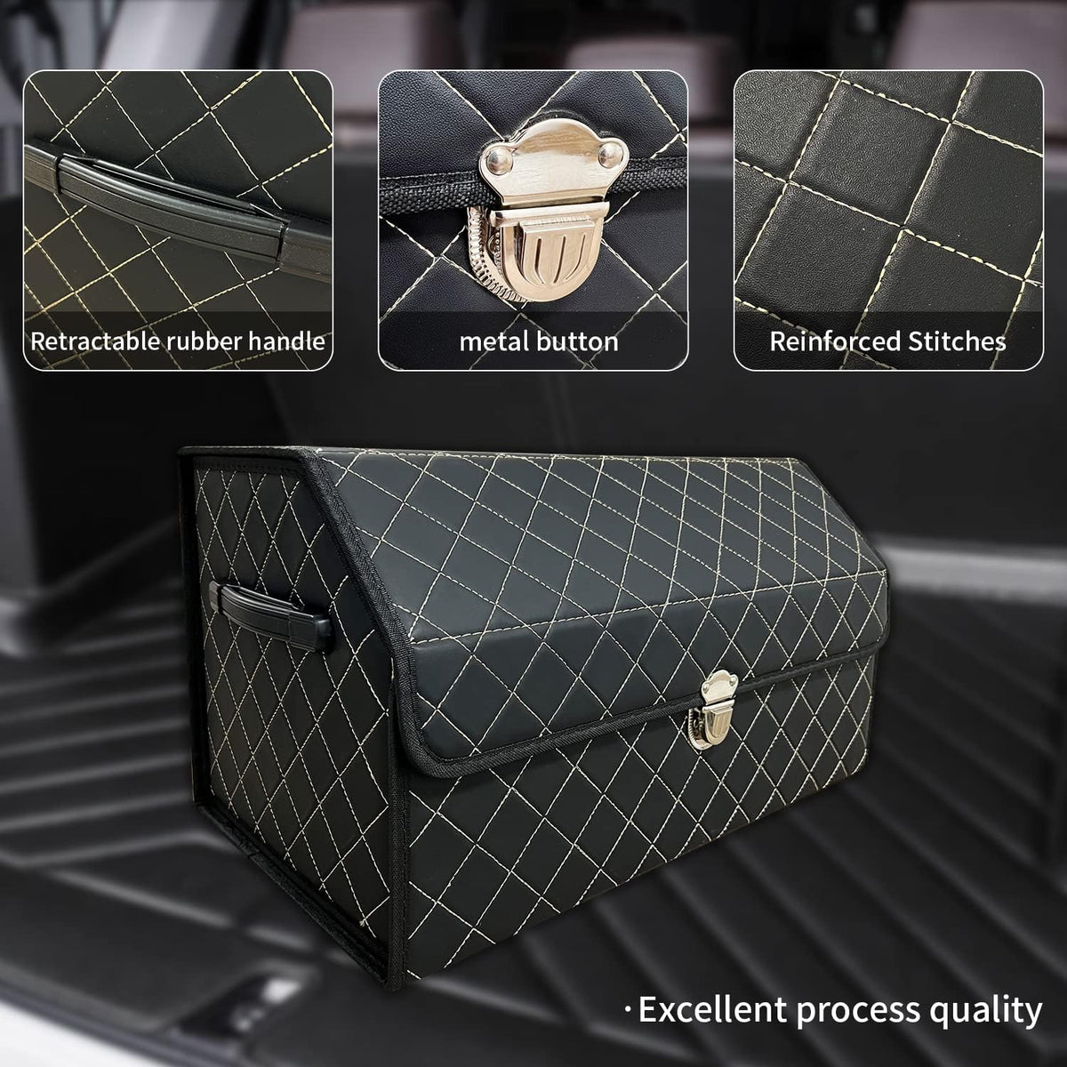 Trunk Organizer for Car With Lid,Foldable Trunk Organizer for SUVs & Sedans,Multi-Functional Leather Storage Box- Black Grid - Small