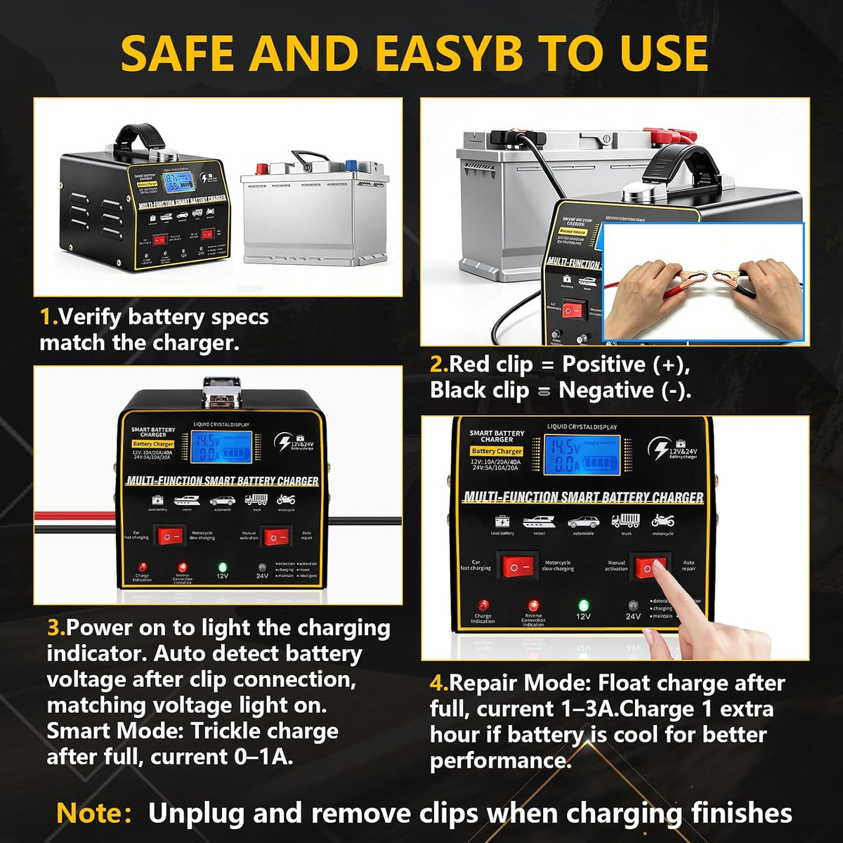 Smart Battery Charger 12V/24V Auto-Trickle Charger for Car, Truck, Motorcycle,Lawn Mower, Boat, Pulse Repair, 6-Stage Protection
