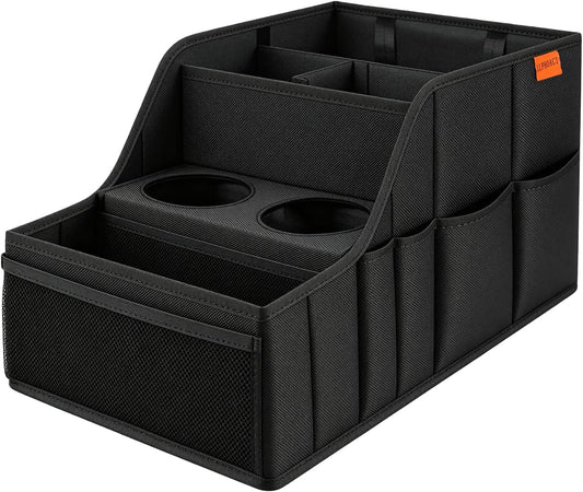 Car Seat Organizer Back Front Captains Seats Storage Travel | Car Organizer, Back Seat Car Organizer, Car Seat Organizer Front Seat – 9 Compartments, 2 Cup Holders – Foldable, Black.