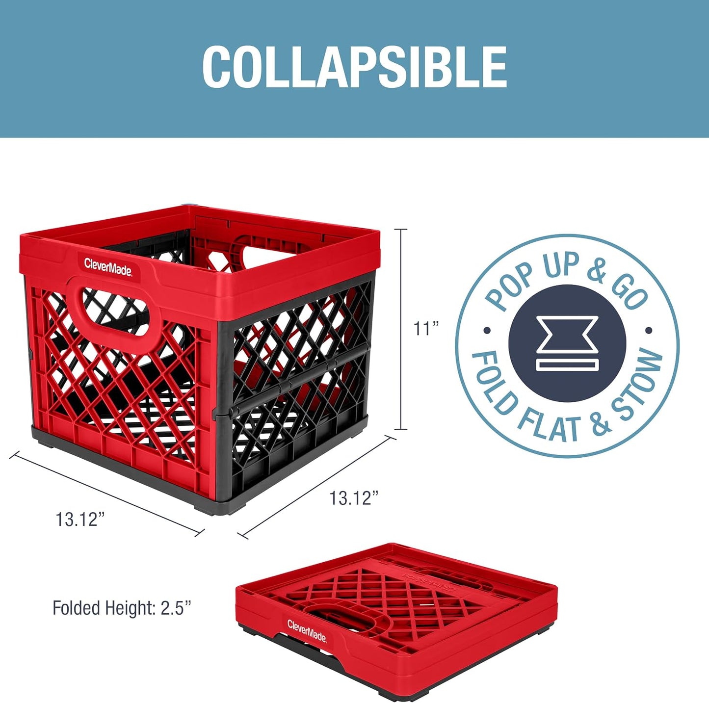 CleverMade Collapsible Milk Crate and Storage Bin - 25L Plastic Stackable Storage Bin with 45L Plastic Stackable Grated Wall Utility Container, 1 of Each – Red