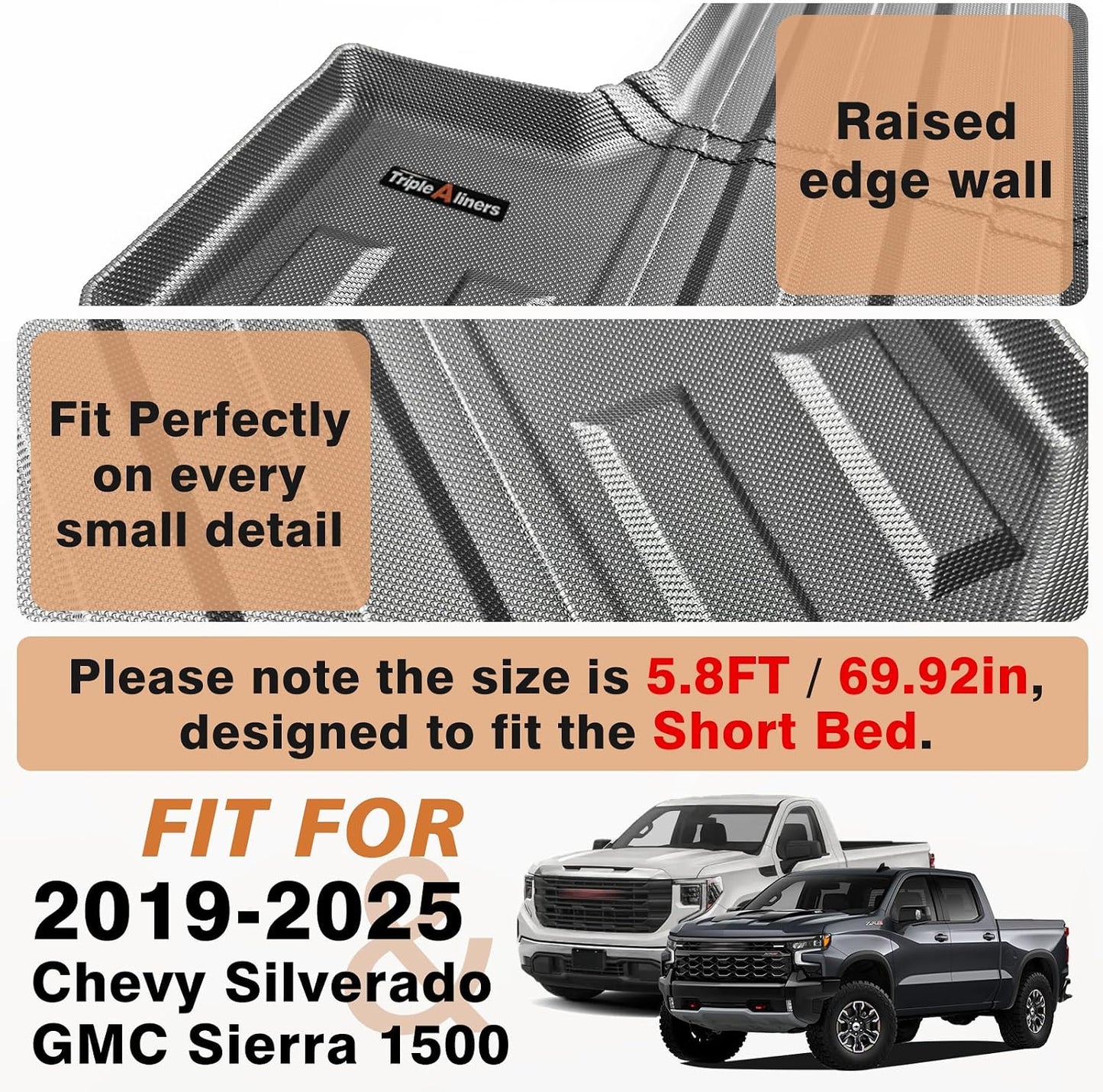 TripleAliners Truck Mat Compatible with 2019-2026 Chevy Silverado/GMC Sierra 1500 5.8FT Accessories, Truck Bed Mat Heavy Duty Custom Fit All Weather Protection TPE Pickup Bed Liner
