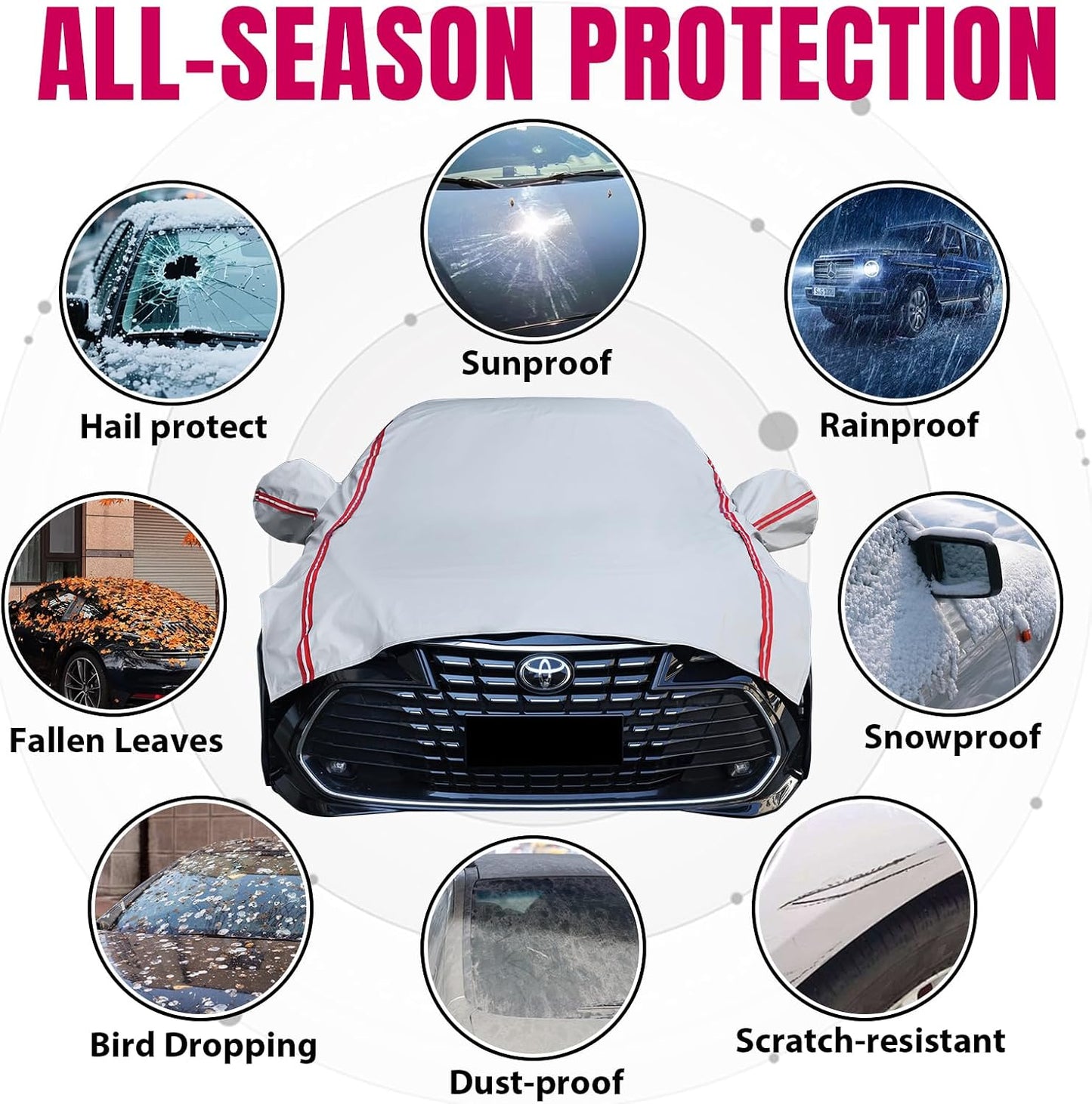 Half Car Cover for Snow, Hail Car Cover with Cotton Liner, Sunroof & Windshield Cover for Ice and Snow, All Weather Car Body Cover for Sun, Rain, Dust, Fit SUV L