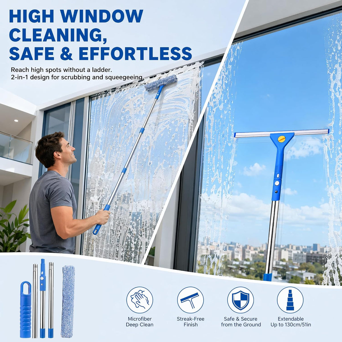 51'' Window Squeegee, 2 in 1 Outdoor Window Cleaning Tools