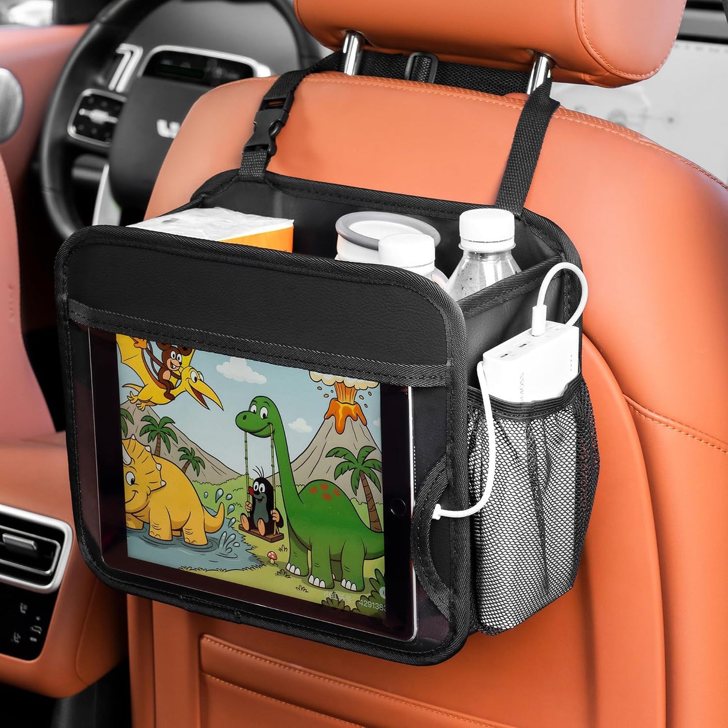 Car Organizer Bag for Back Seat Front Seat or Between Seats Premium PU Leather Hanging Storage Caddy with Tablet Holder Tissue Box Cup Bottle Holders Mesh Pockets for Kids Adults
