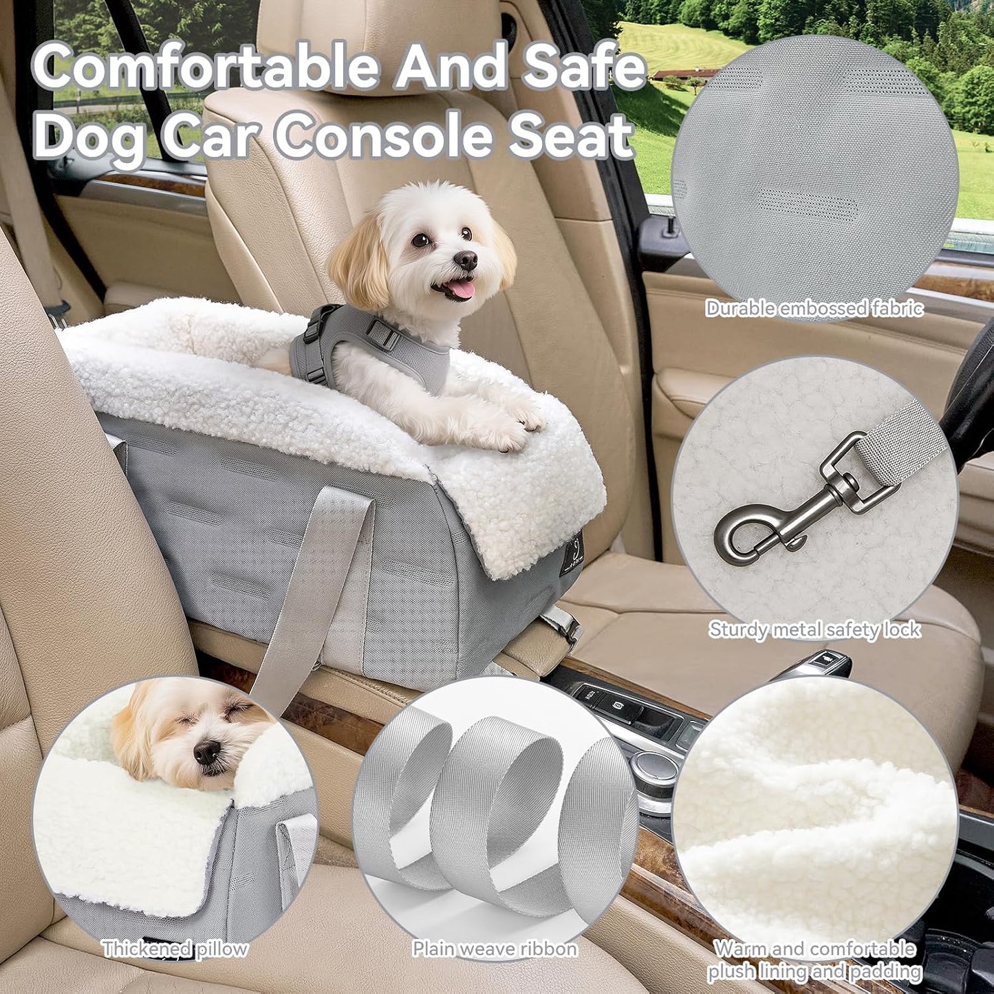Center Console Dog Car Seat for Small Dogs Under 12 lbs – Secure Booster Seat with Safety Tether, Fits Most Cars & SUVs, Soft Washable Cushion, Portable Carrier Ideal for Pet Travel