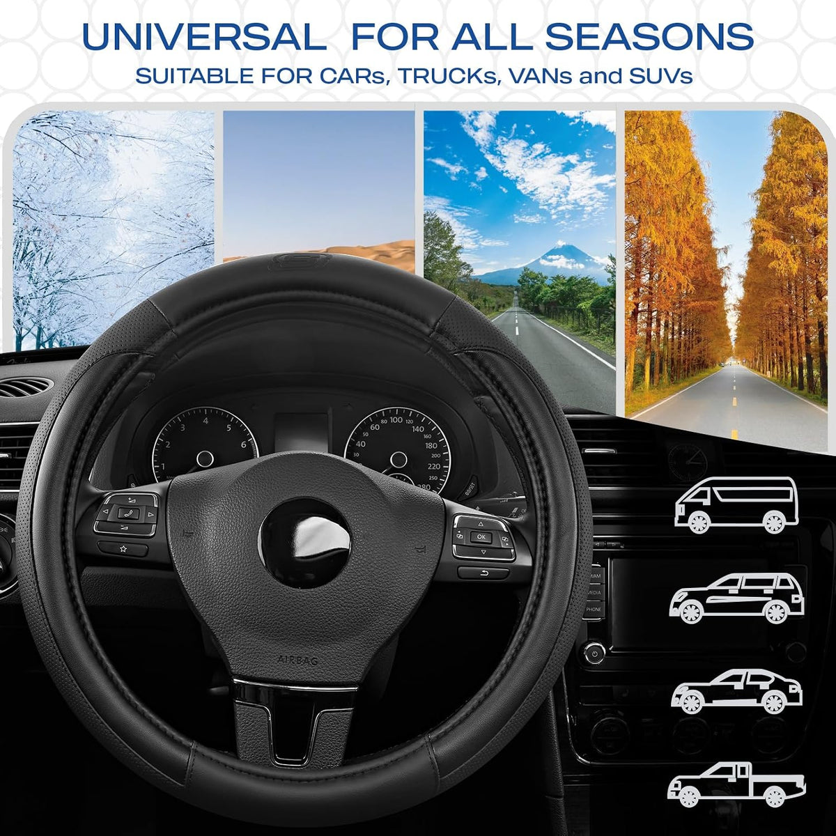 Skechers Steering Wheel Cover Memory Foam,Luxury Leather Steering Wheel Covers,Universal Anti-Slip Fit 14" 1/2-15" Car Wheel Cover for Stylish Car Decor Gifts Fit Suvs,Vans,Sedans,Car,Trucks,Black