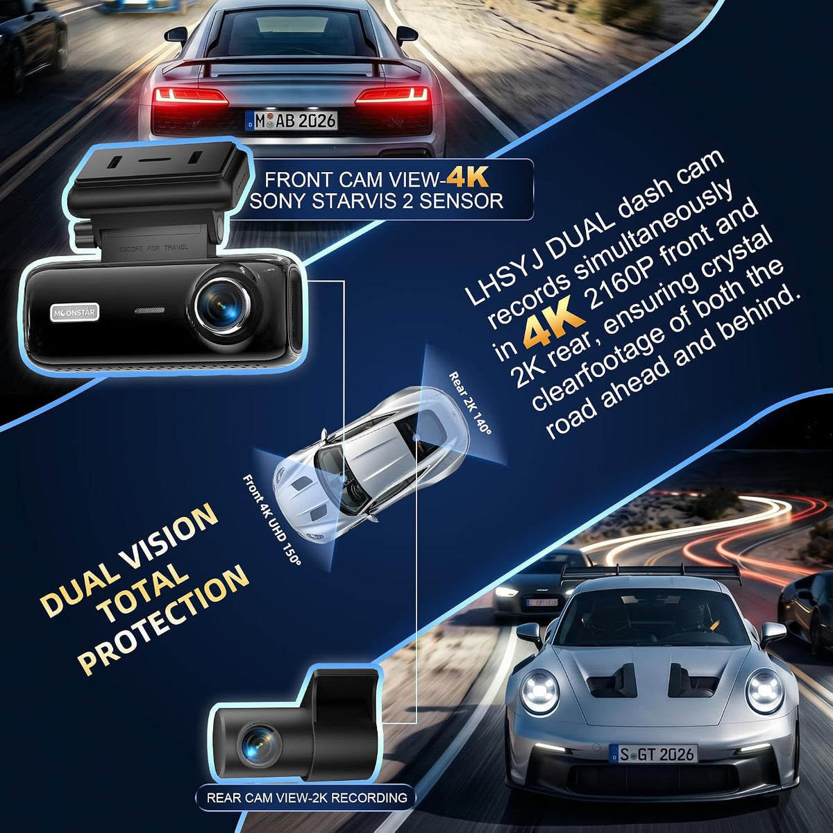 4KUHD Dual Dash Cam Front Rear,STARVIS 2,Car Camera,7 Optional Colors