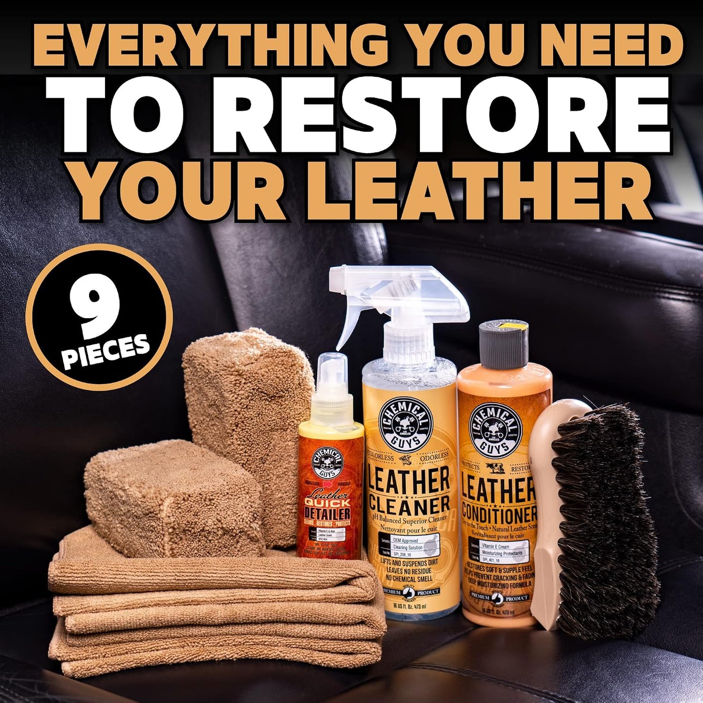 Chemical Guys Leather and Microfiber Car Detailing Kit with Cleaner, Conditioner and Towels (9+12=21 Pieces)
