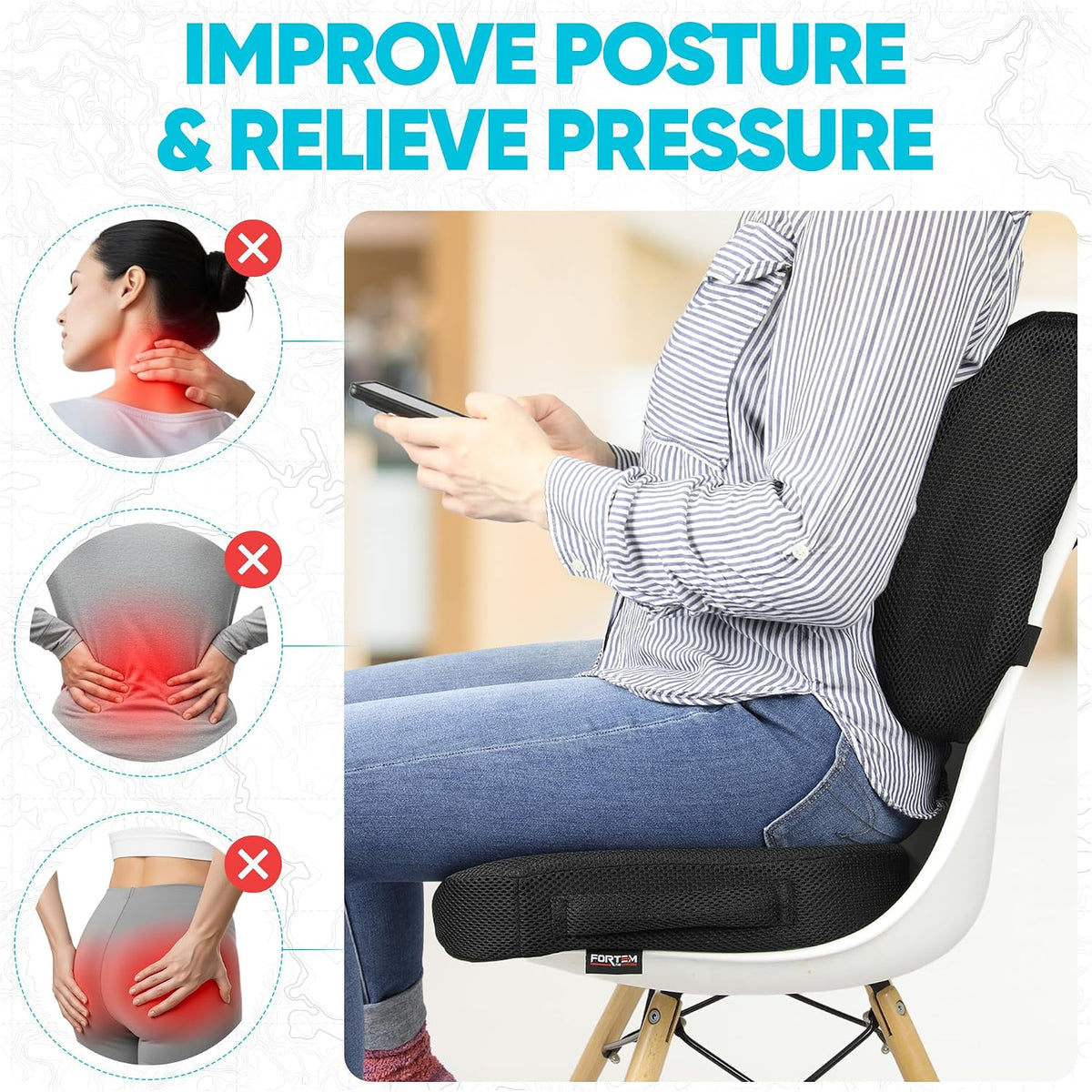 FORTEM Seat Cushion, Office Chair Cushion, Lumbar Support Pillow for Office Chair, Memory Foam Car Seat Cushions, Sciatica Coccyx Tailbone Pain Relief, Cushions for Back Support, Washable, Non Slip XL