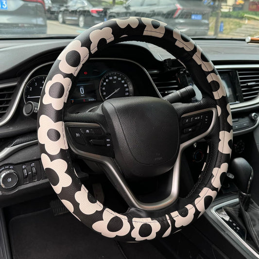 Vintage Groovy Flowers Car Leather Steering Wheel Cover - 15-inch Universal Microfiber- Soft & Breathable & Silicone Anti Slip Auto Steering Wheel Wrap for Women (Black)