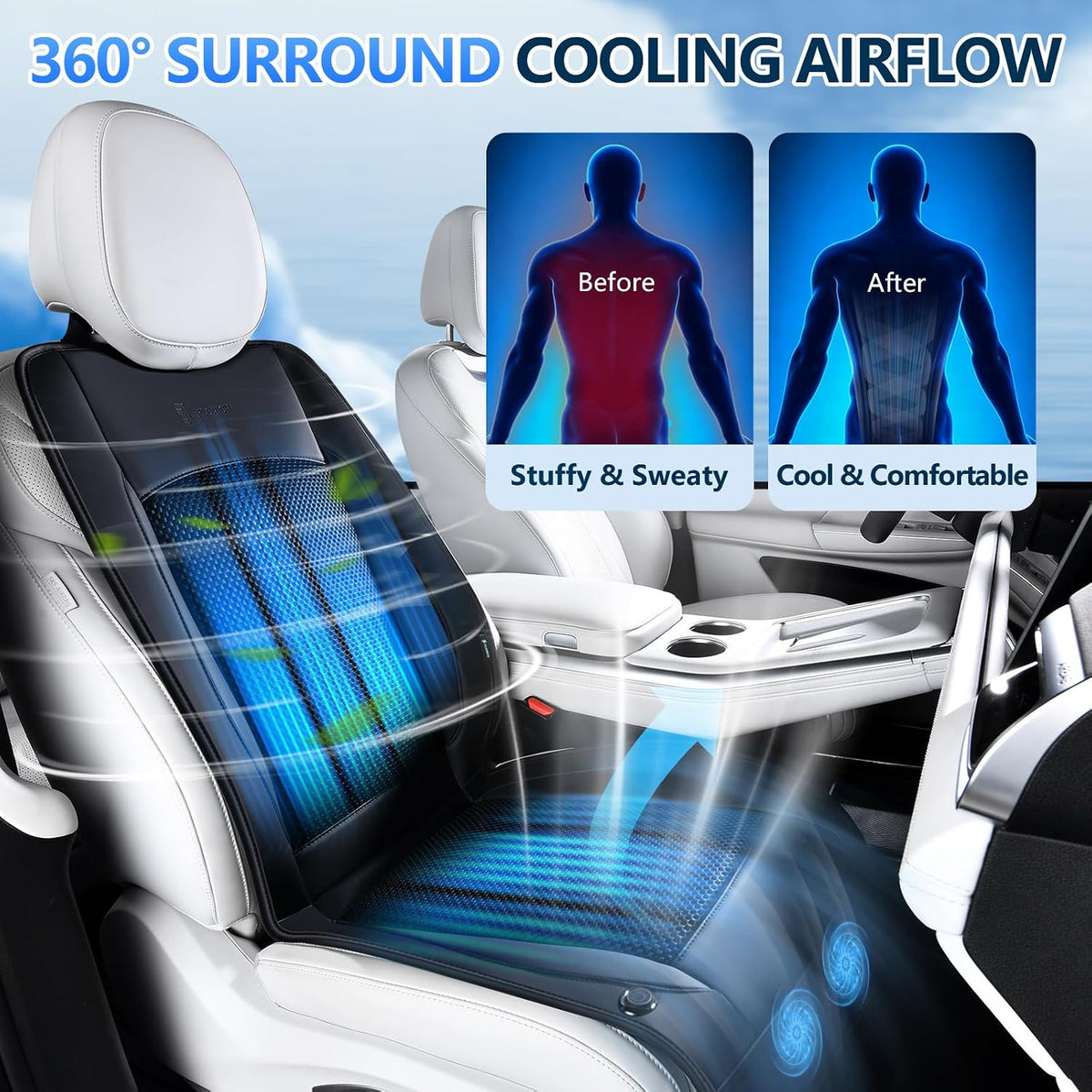 Upgraded Cooling Car Seat Cover Front Seat with Blowing&Suction, 12V-24V Ventilated Car Seat Cushion with 2 Turbo Fans, 3-Speed Adjustable Universal Fit Breathable Car Cushion for Summer Driving-Black