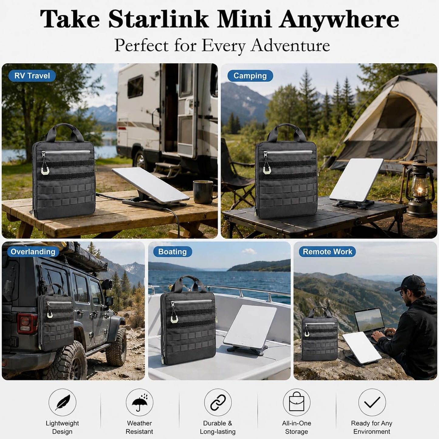 Waterproof Protective Case for Starlink Mini with MOLLE Panels, Carabiner Corners, Padded Handle, Black