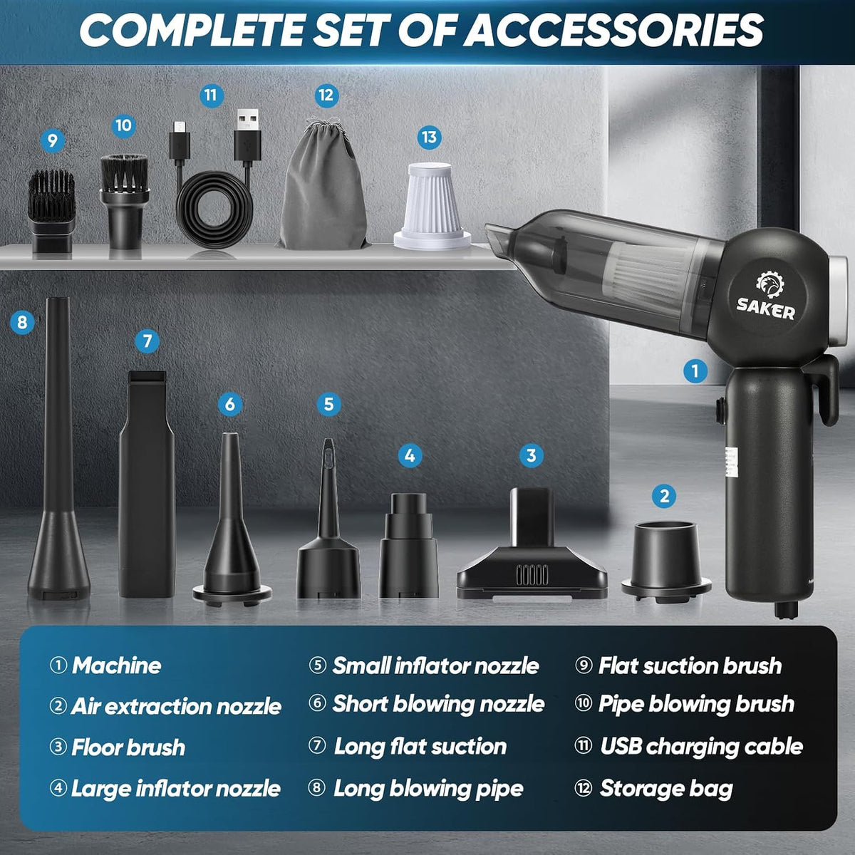 Saker Car Vacuum Portable 6-in-1 Cordless Vacuums, 20000PA SW102 Black