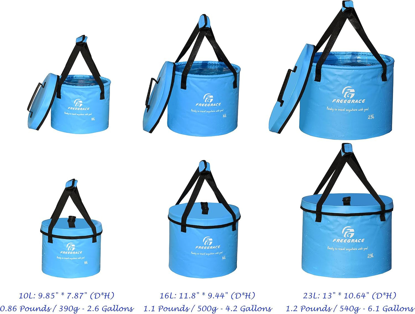 Freegrace Collapsible Bucket with Mesh Tool Pocket - 10L, 16L &amp; 23L Portable Folding Water Container - Heavy Duty 500D Tarpaulin, BPA-Free Wash Basin for Camping, Fishing, RV, and Car Washing
