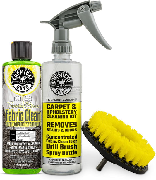 Chemical Guys, Citrus Foaming Fabric & Carpet Cleaner Drill Brush, 16 oz | Lifts coffee, food and pet stains and odors from carpet, mats and upholstery, drill brush agitates, citrus scent
