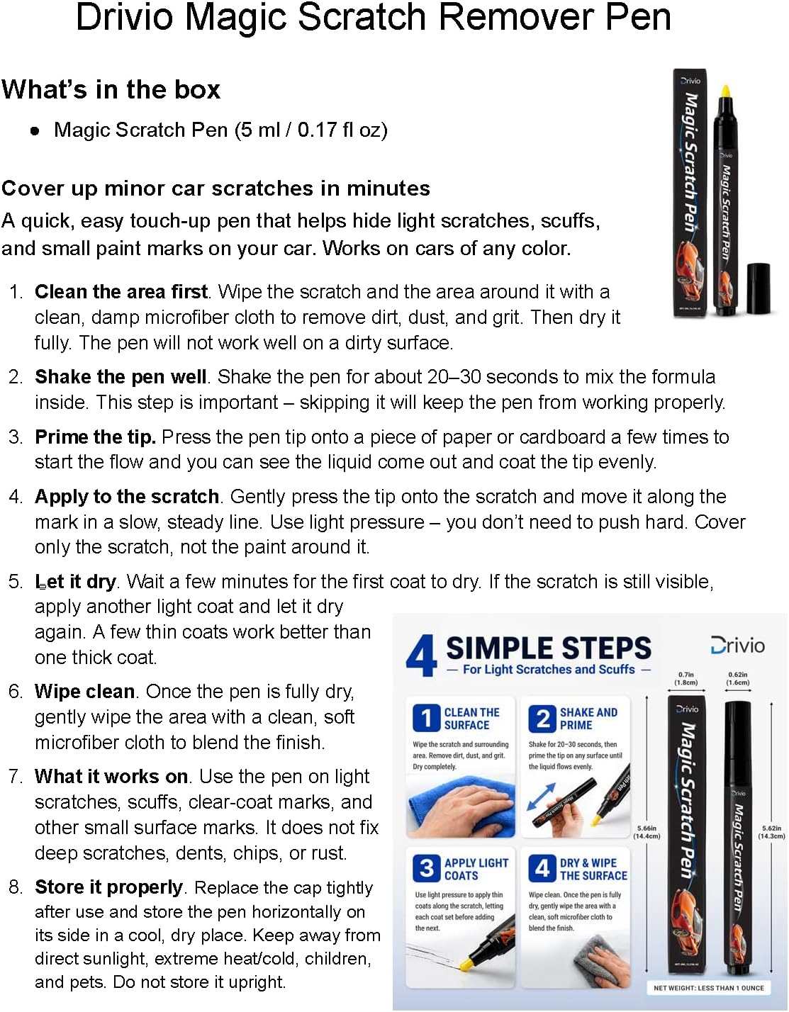 Drivio Car Scratch Remover Pen for Light Scuffs, Swirls & Paint Transfer