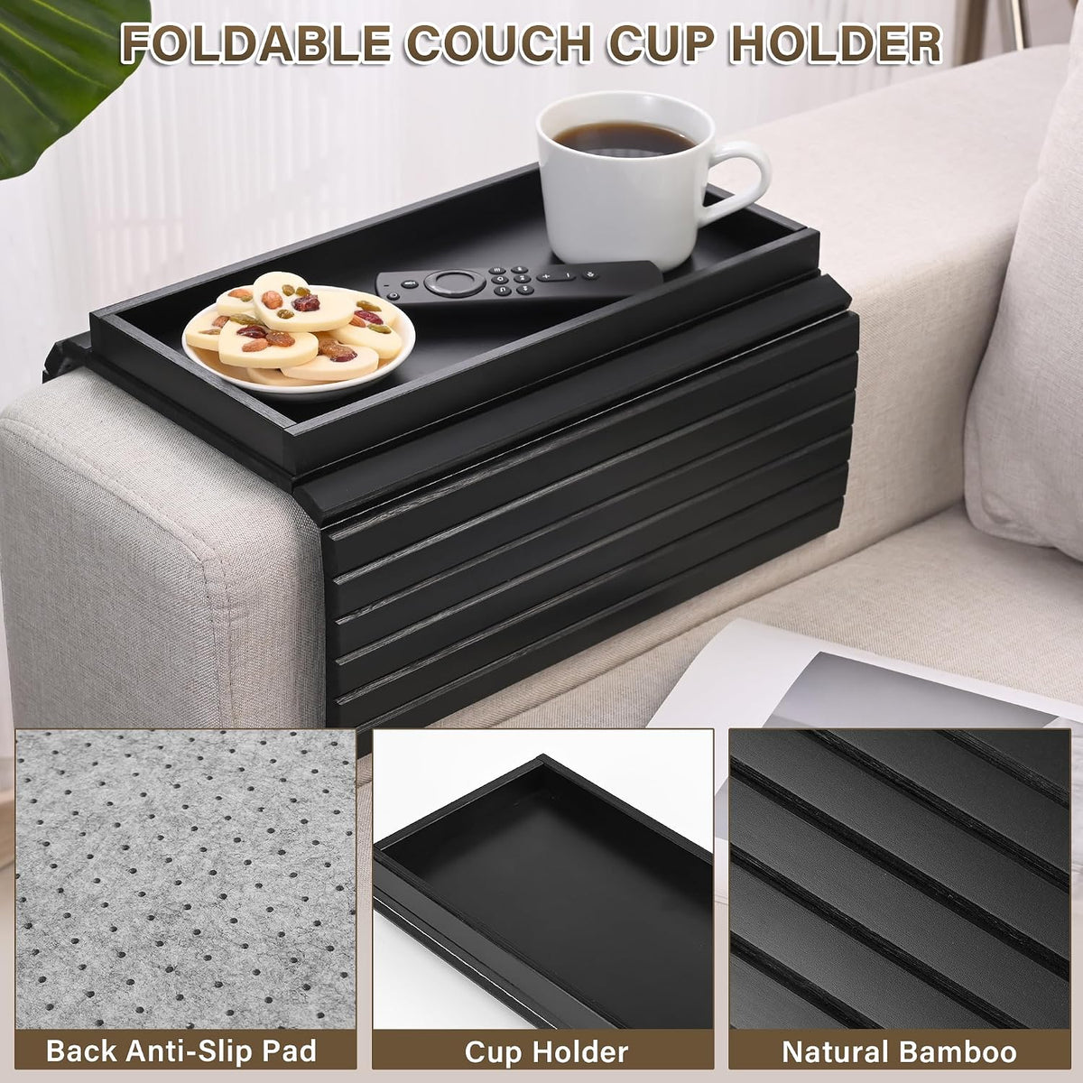 Bamboo Sofa Arm Tray, Anti-Dropping Couch Arm Tray, Foldable Sofa Armrest Tray Couch Arm Table for Eats, Drinks, Snacks, Remote, Cellphone, Cup Holder, Back Anti-Slip Pad Design