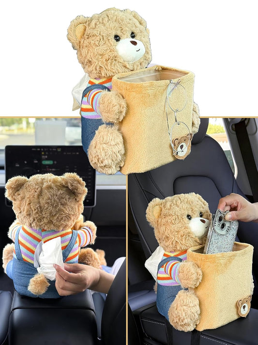 Cute Car Trash Can with Tissue Holder Teddy Bear Tissue Box Console Stuffed Animal Organizer Plush Doll Multifunctional Creative Accessories for Women Rainbow Bear