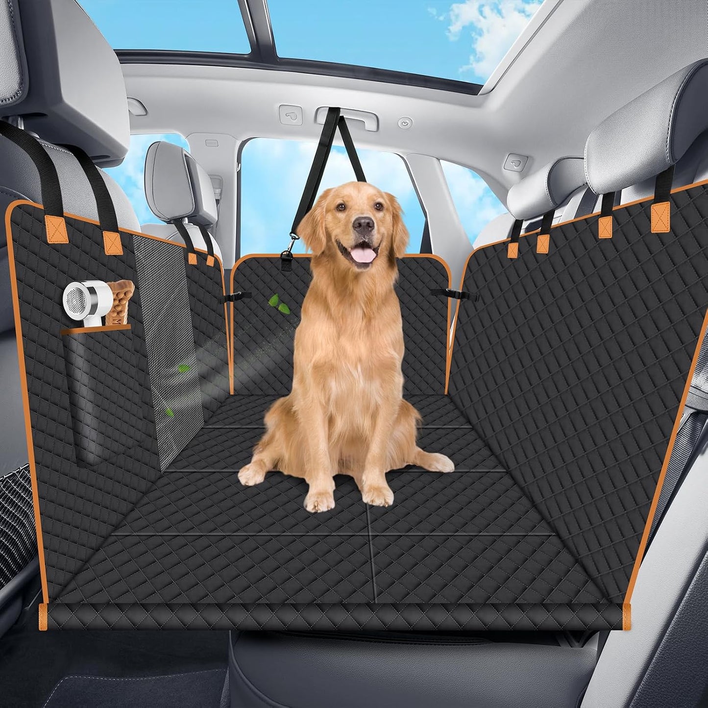 Hard Bottom Dog Car Seat Cover for Back Seat, Holds 420lbs - Waterproof Sturdy Nonslip Hammock for Cars/Trucks/SUVs - Easy to Clean & Safe Backseat Extender for Large Dogs