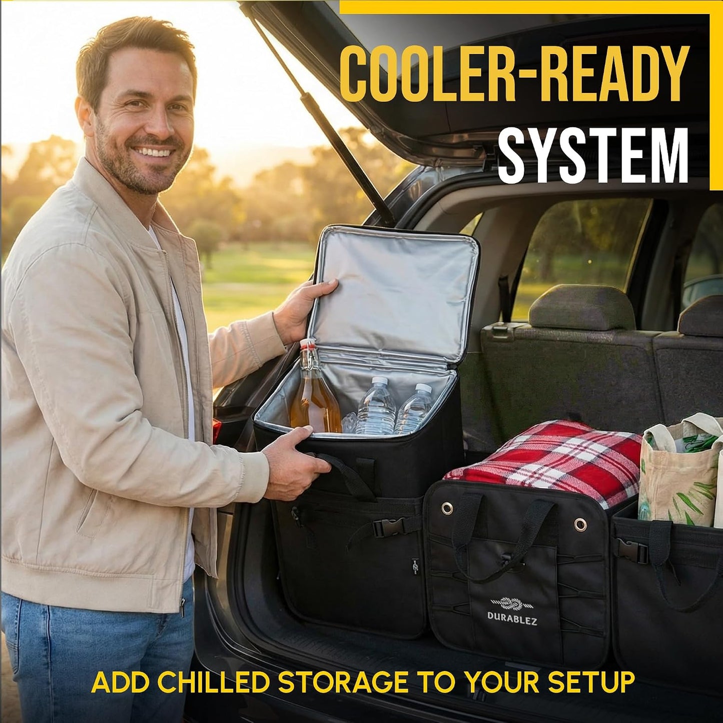 Thermal Cooler for Car Trunk – Insulated Bag for Camping, Road Trips, Groceries, Leak-Resistant, Fits Modular Organizers – Military Green