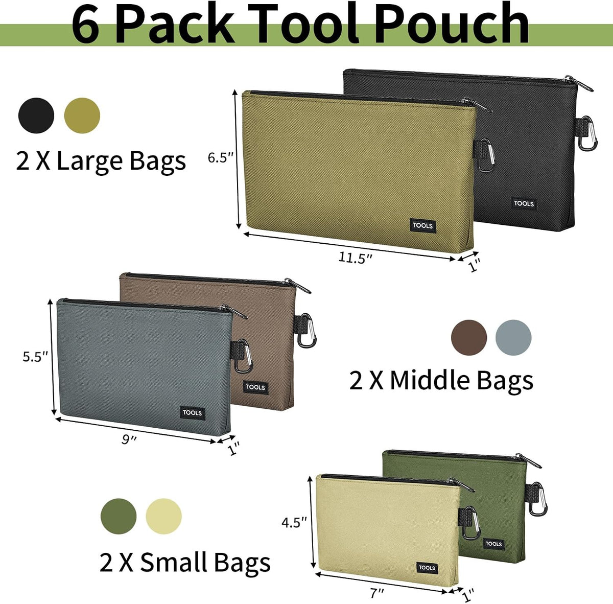 6 Pack Tool Bag Zipper Pouch, Premium Tool Pouch, Utility Storage Organizer