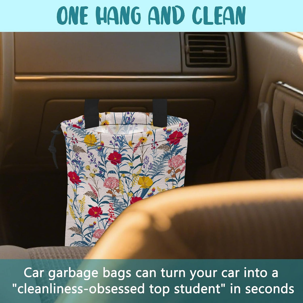 Car Garbage Bag Colorful Flowers and Leaves Drawstring Car Trash Bag Hanging for Back Seat with Adjustable Buckle Canvas Vehicle Trash Can Easy-to-Install