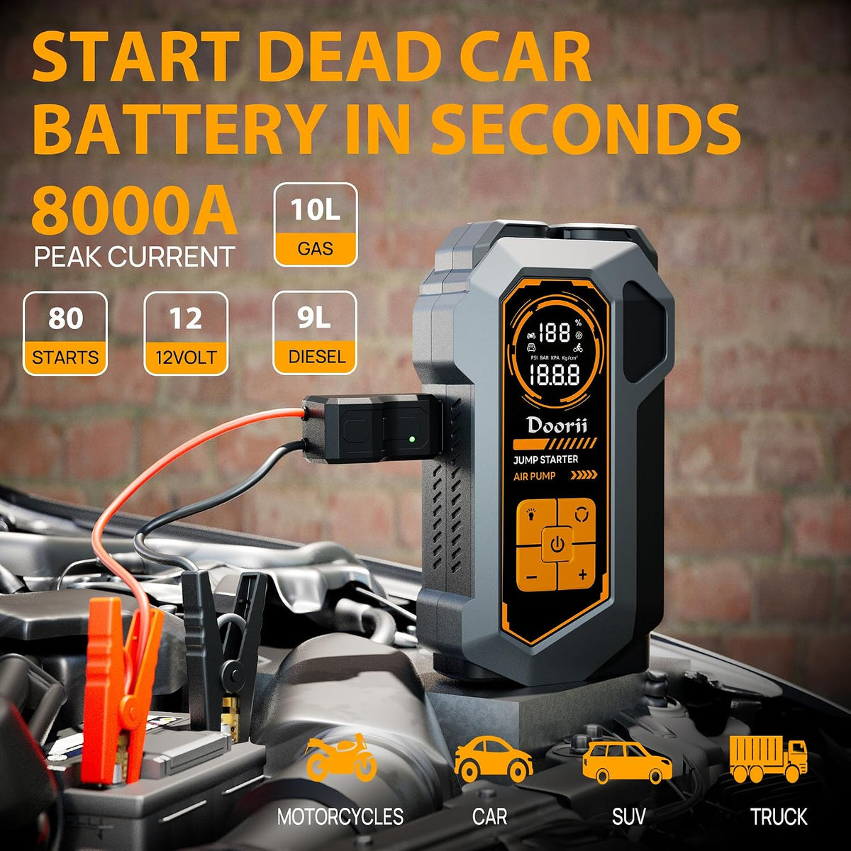 8000A Jump Starter with Air Compressor, Car Jumper Starter Portable, 150PSI Tire Inflator/Air Pump, LED Flashlight for Up to 10.0L Gas & 9.0L Diesel Engines