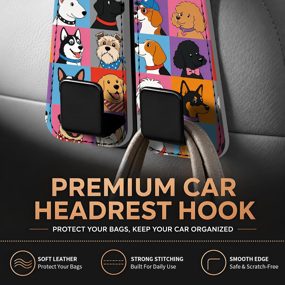 Leather Purse Hook for Car, Universal Cute Car Seat Headrest Hooks, Heavy Duty Vehicle Organizer for Handbags, Funny Car Interior Accessories Cute Colorful Dogs