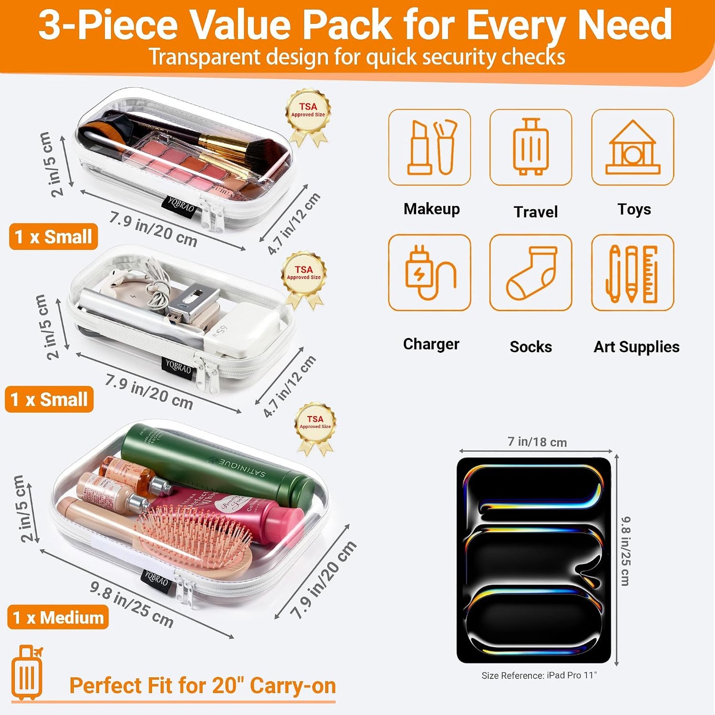 YQBRAO 6 Pack Clear Hard Shell Beauty Organizer (2M+4S), 1.2mm Crush-Proof Cosmetic Case, Reinforced YKK Zippers, Stadium Approved Security Bag for Skincare, Toiletries & Electronics, Multi-Size Set