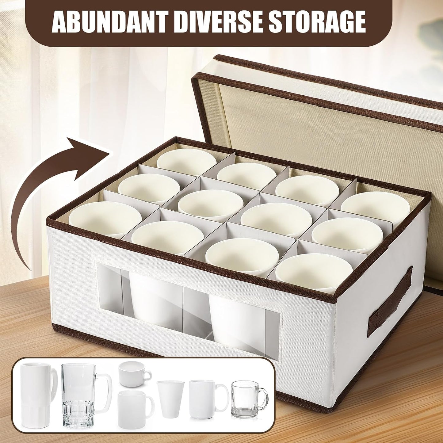 Norme 3 Pack Mug Storage Box with Dividers, 12 Compartments Stemware Storage Cases Champagne Flute Box with Lid Handle Window, Stackable China Container Organizer for Moving