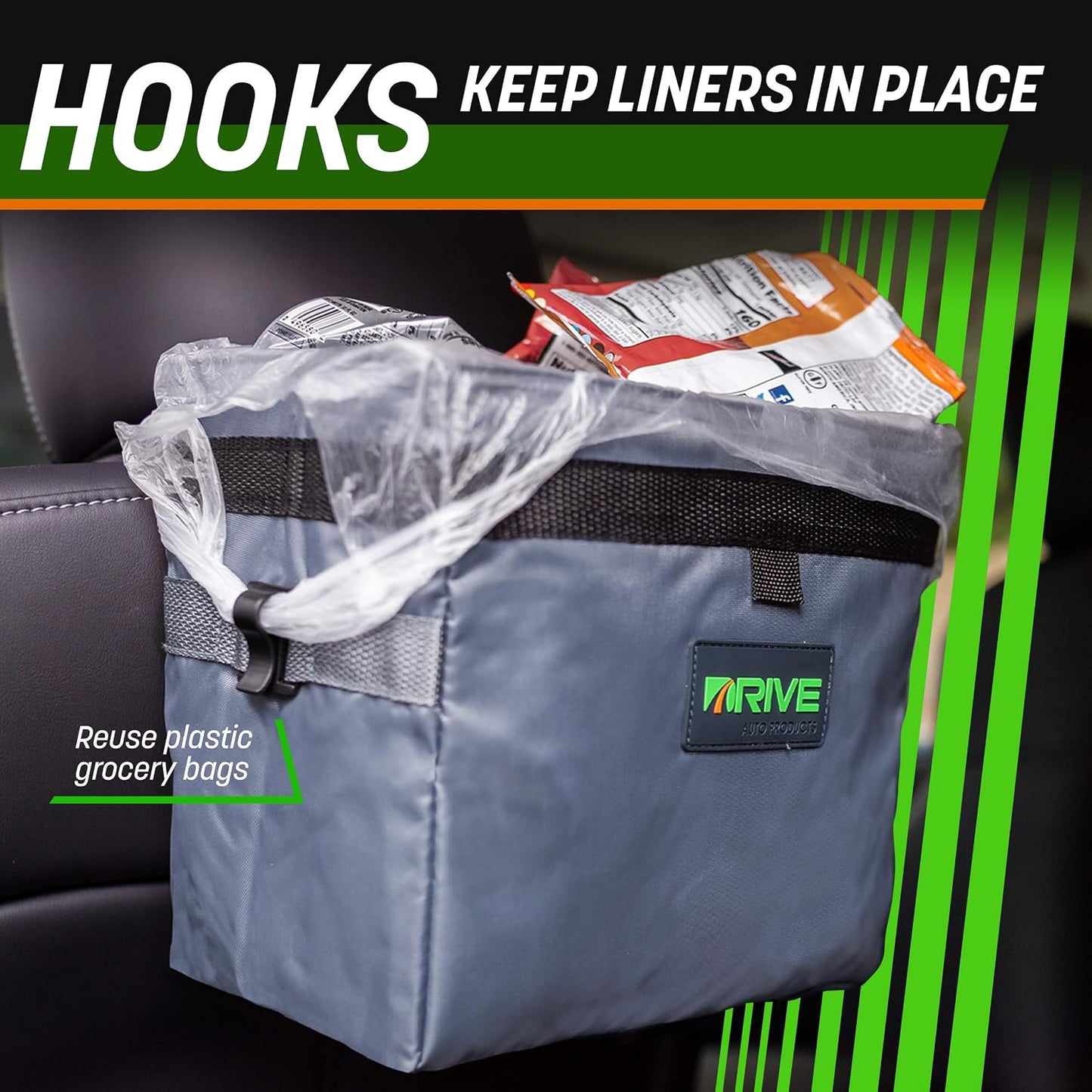Drive Auto Car Trash Can - Leakproof, Hanging Garbage Bin with 20 Trash Bags and Black Adjustable Strap - Truck & Car Accessories for Men and Women - Grey with No Lid