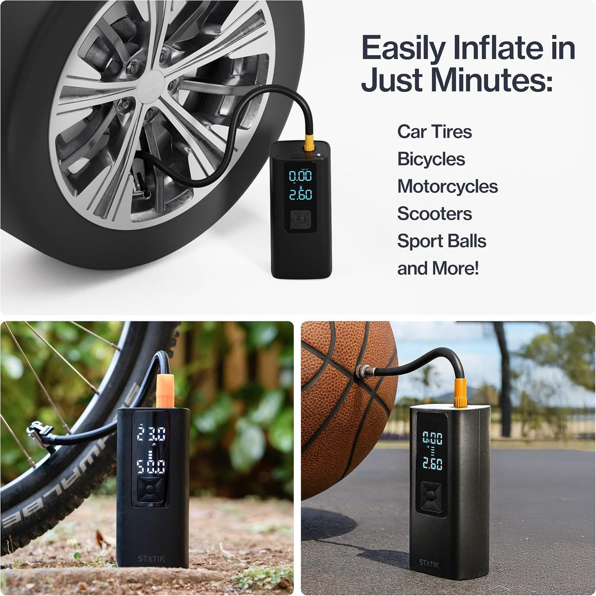 STATIK TireHero Car Tire Inflator Portable Air Compressor - 150 PSI, Electric Air Pump for Balls, Bike Pump, Inflatables, Paddleboard, Air Mattress, Car Emergency Safety Kit w/Flashlight