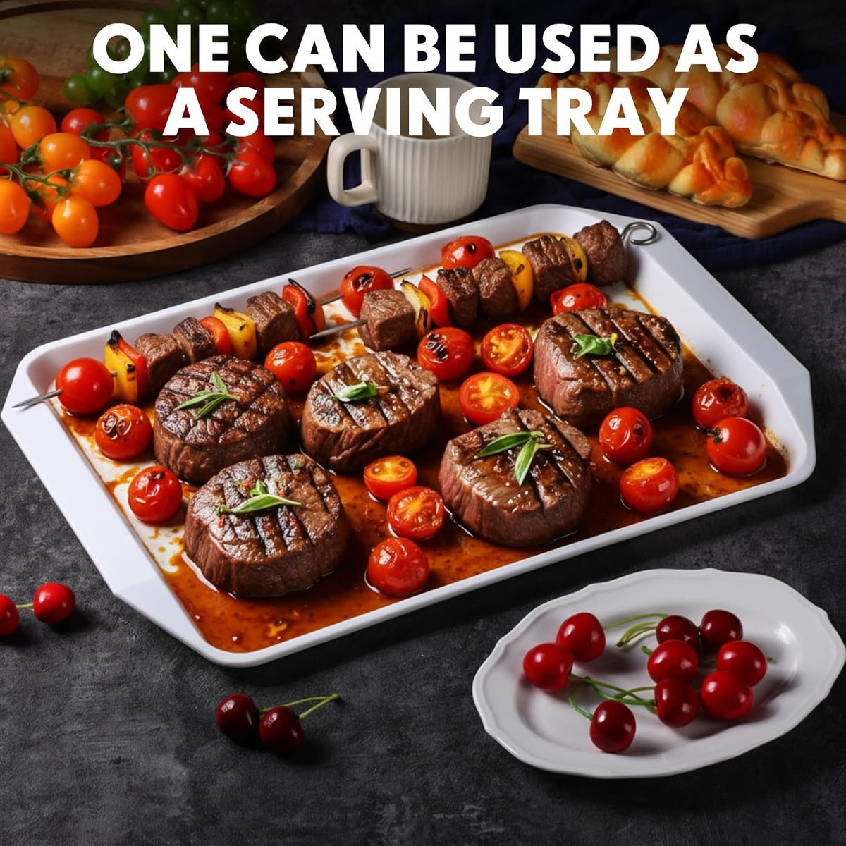 DoubleFill Set of 4 Grilling Prep and Serve Trays, 17x12 Inch Large BBQ Platter for Raw and Cooked Food, Cooking Meat Plastic Grilling Trays, Black and White Stackable Defrosting Prep and Carry System