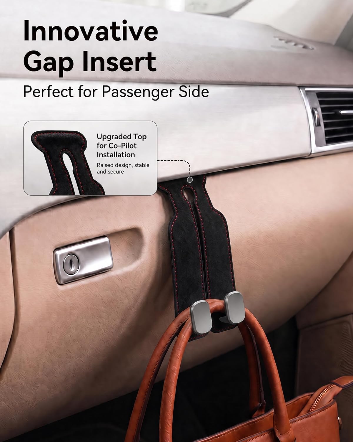 Car Headrest Hooks, 2 Pack Suede Leather Seat Hooks for Purses and Bags, Dual Hook Purse Holder for Seat Back and Passenger Glove Box, Universal Hangers for Handbags, Coats, Groceries, Black