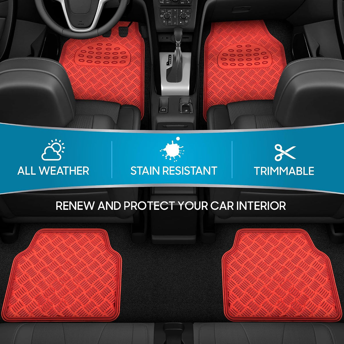 BDK Metallic Chrome Car Floor Mats All-Weather Universal Fit Automotive Floor Mats for Cars SUVs, Floor Mats for Trucks, Car Mats Full Set Front &amp; Rear, Non-Slip Backing - Red
