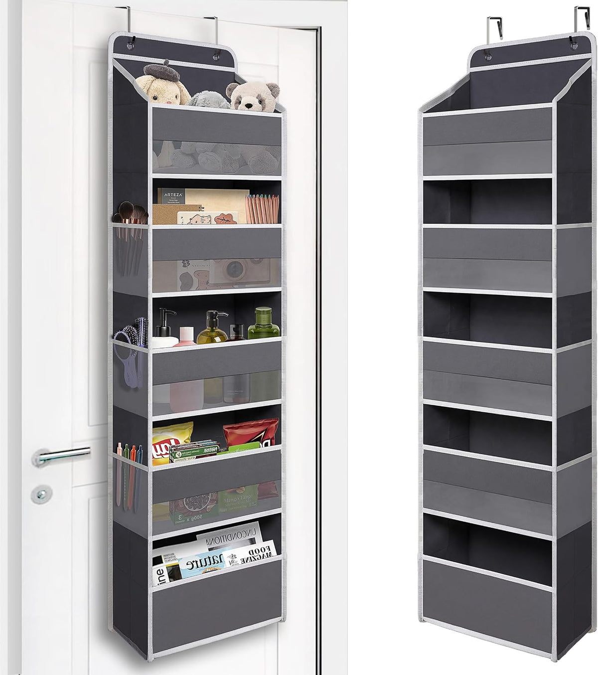TYMENSH Gray Over Door Organizer with 5 Large Clear Pockets and 6 Side Mesh Pockets, Anti-Tilt Hanging Door Storage for Closet, Bathroom, Bedroom, Dorm, Nursery, Toys
