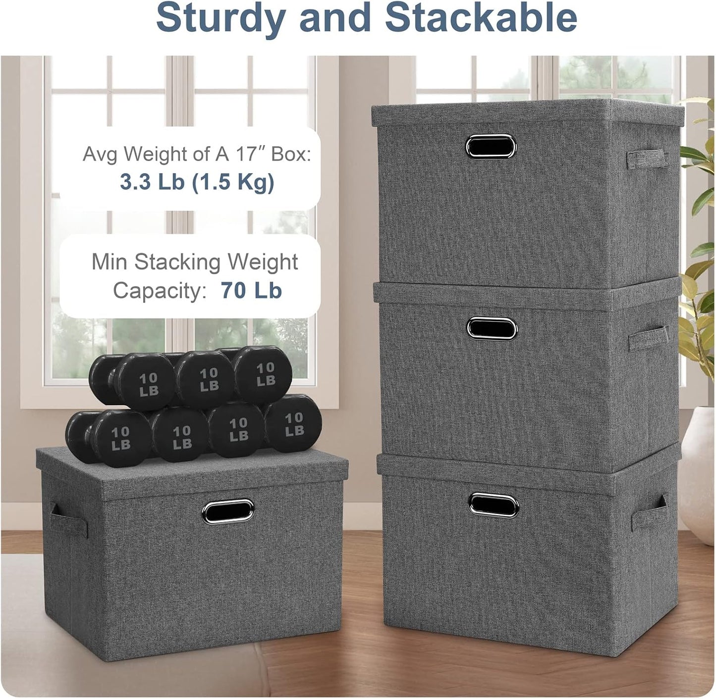 Graciadeco Large 17" 36 Quart Collapsible Stackable Storage Bins with Lids, 3 Packs Grey Linen Fabric Closet Boxes with Lids, Storage Cube Baskets Container Organizers for Bedroom Office(17 x12 x11)